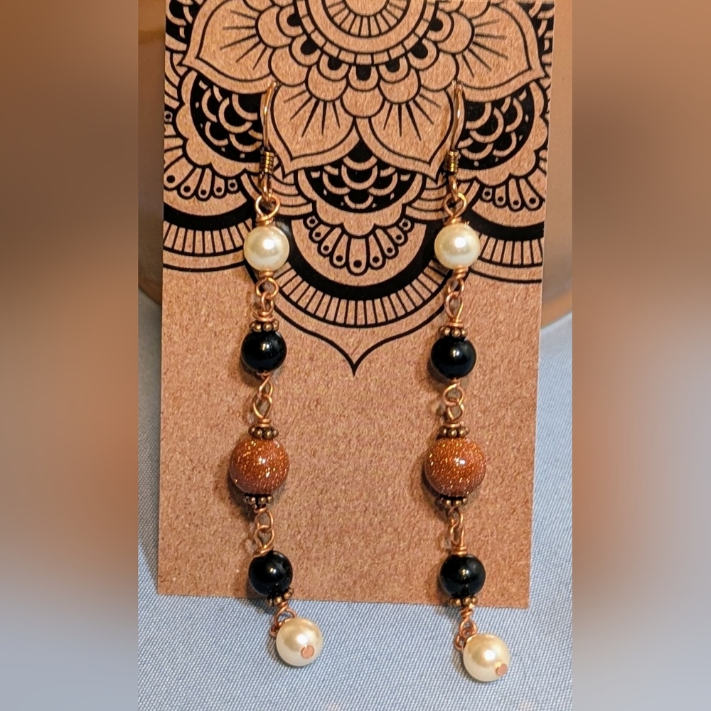 Goldstone Onyx and Pearl Genuine Gemstone with Copper Earrings, Original Design